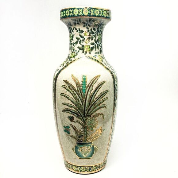 Porcelain Vase Green/Gold Botanical Motif Hand Painted Gilt Accent China - Picture 1 of 13